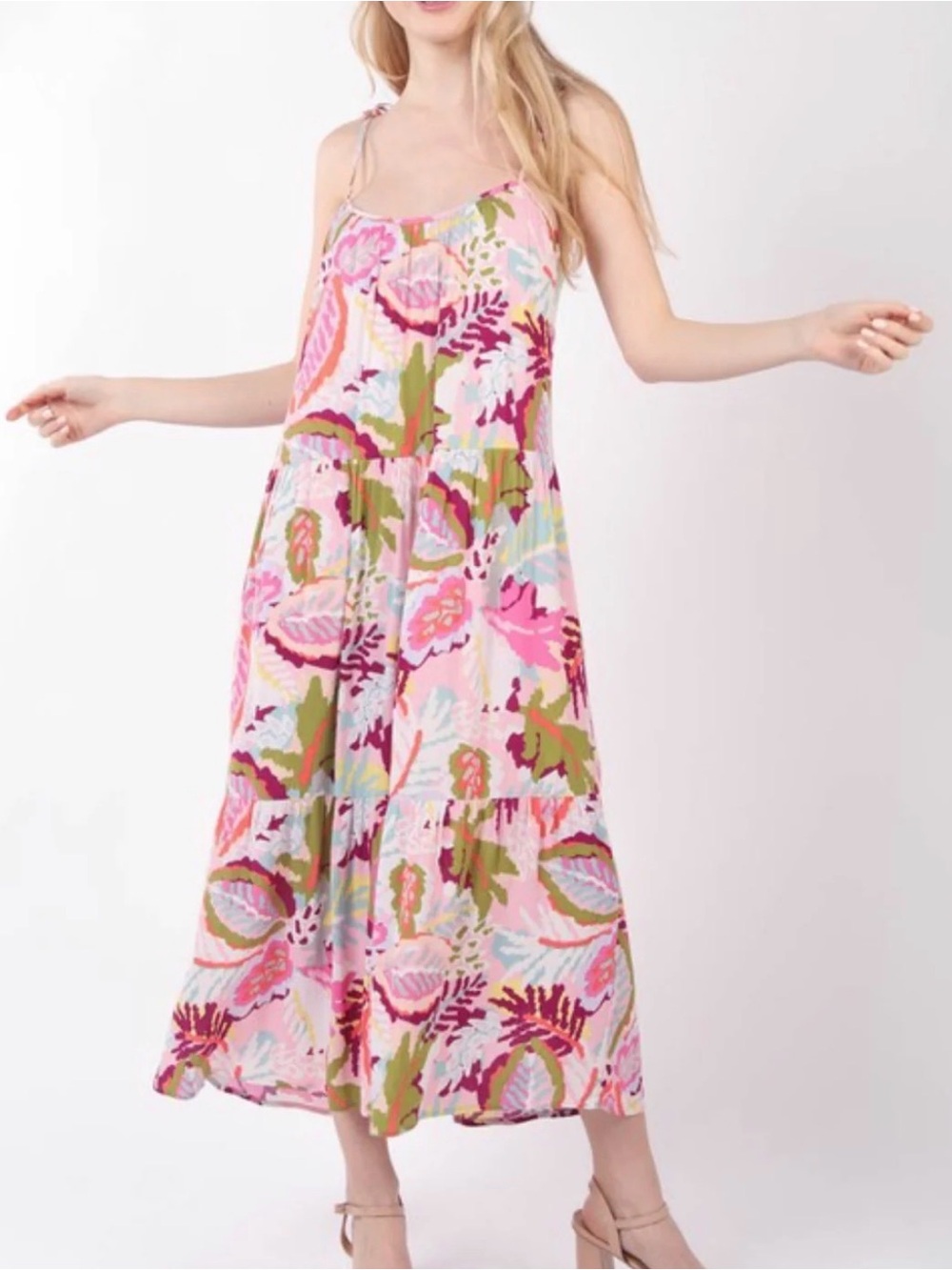New Very J Pink Floral Tiered Maxi Sundress